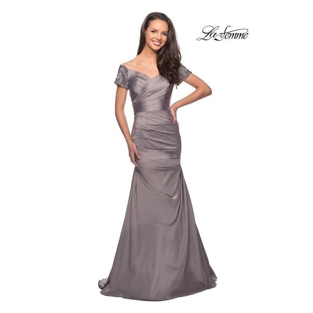 La Femme 25996 Silver Gray Beaded Off Shoulder Formal Gown Dress Sz 8 New NWOT